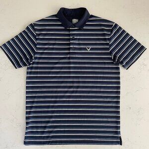 Callaway SS Opti Dri Striped 3 Button Poly Blend Polo Golf Shirt Blue White Sz S